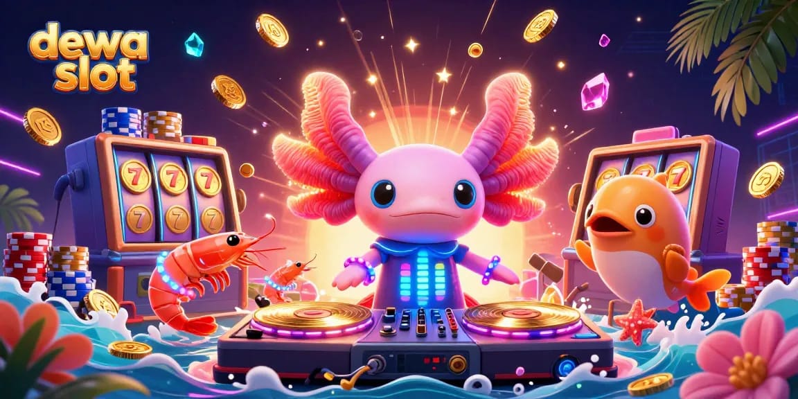 Menggandakan kesenangan judi di dewa slot dengan DJ axolotl neon dan gemerlap koin emas.