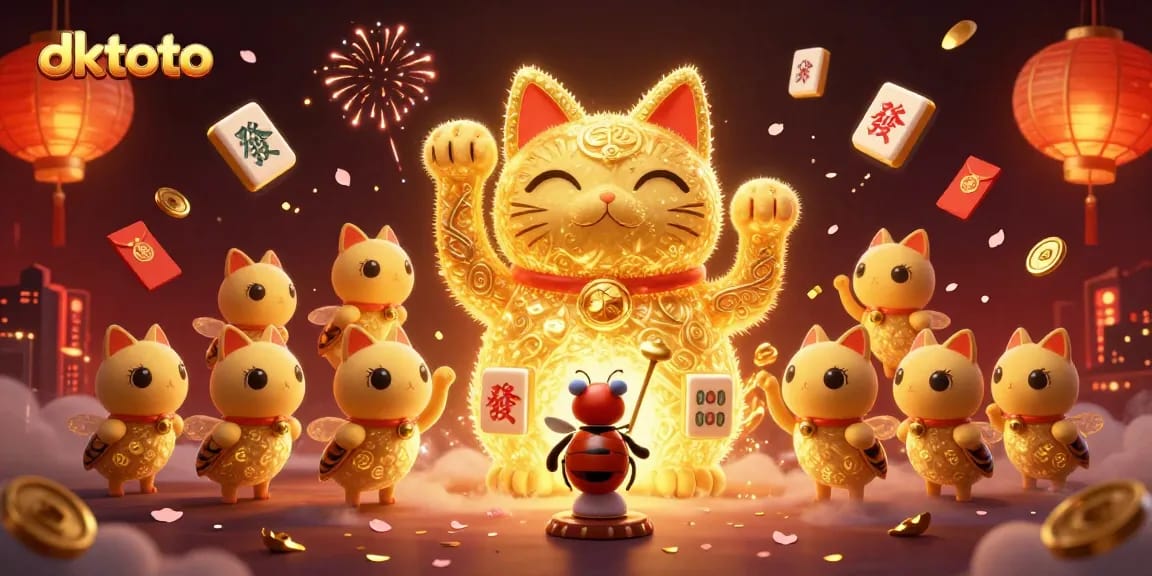Experience the thrill of dktoto casino with vibrant symbols and a lucky cat illustration.