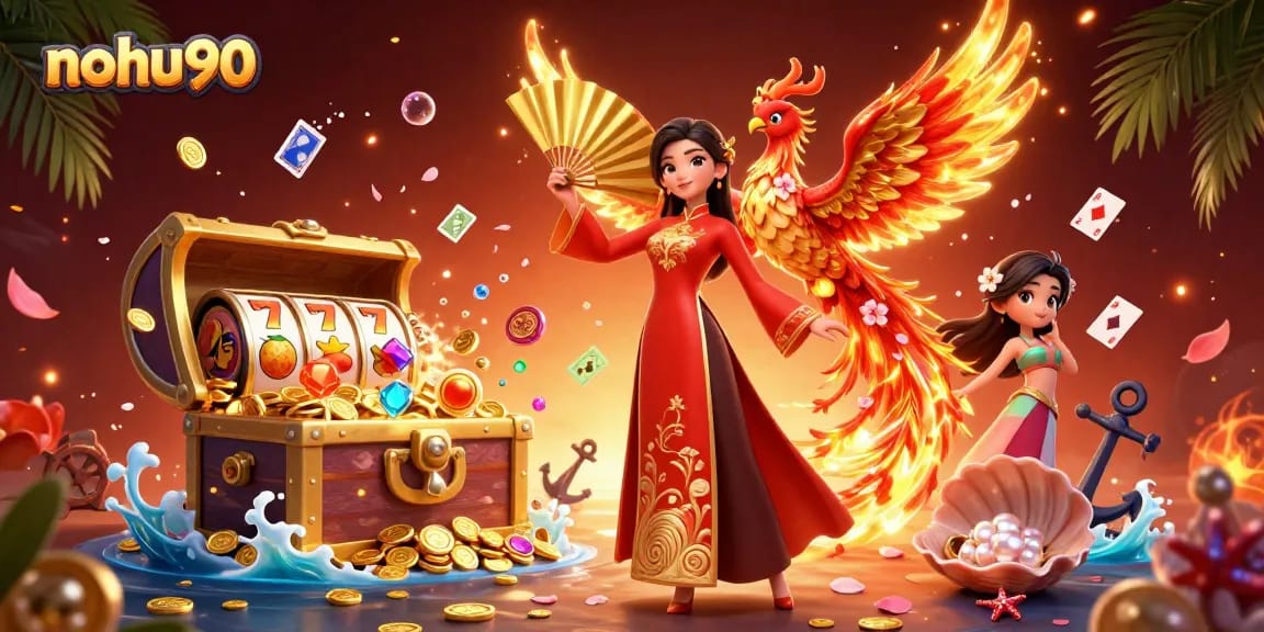 Experience exhilarating gaming with nohu90, showcasing vibrant casino elements and enchanting characters.
