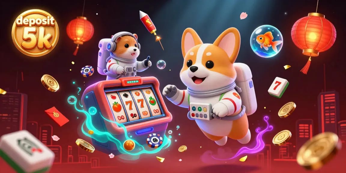 Experience the excitement of deposit 5k as a corgi and hamster enjoy slot games in a cosmic casino.