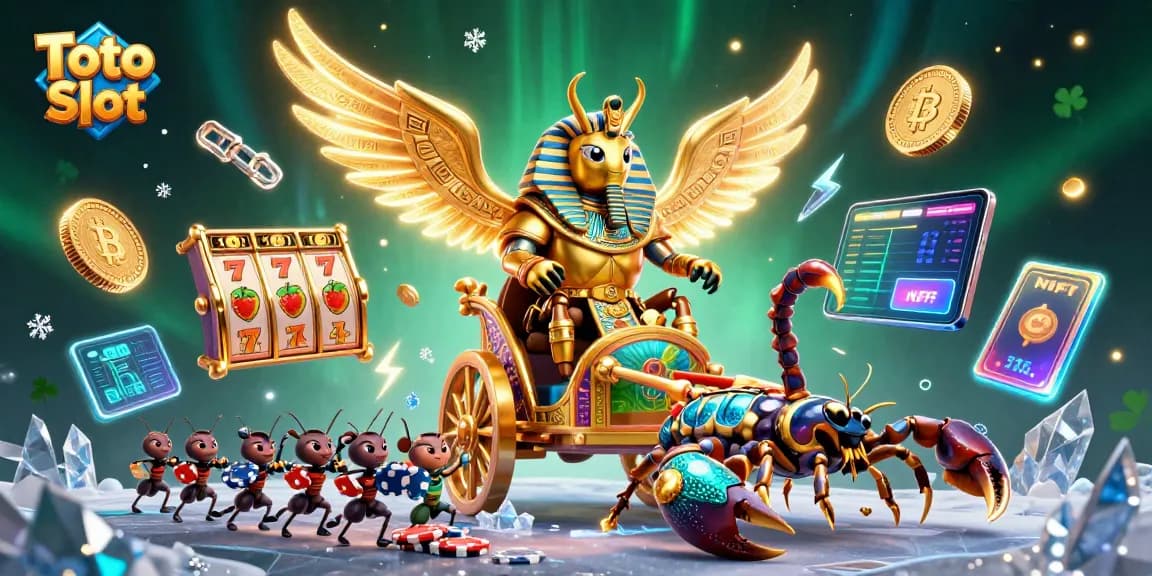 Engage in Toto Slot adventures with a 3D scarab beetle chariot amidst jackpots and crypto coins.