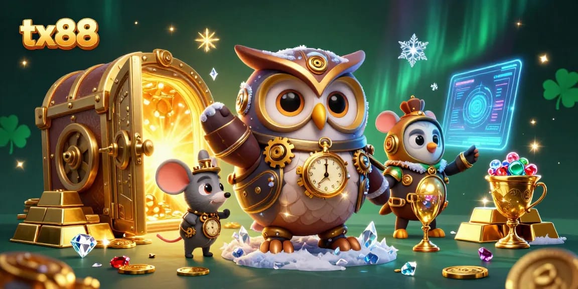 Experience dynamic gambling action with tx88's vibrant illustration depicting steampunk characters among casino treasures.