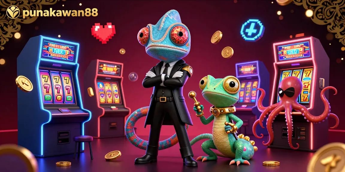 Engage with punakawan88's thrilling slot machines alongside colorful gaming elements in this vibrant digital illustration.