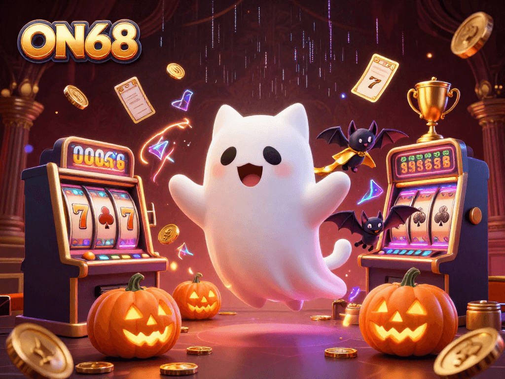 Immerse in ON68's haunting casino world where a ghost cat and bat companion navigate slot machines.