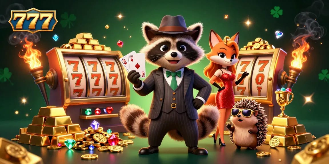 Engage with winning strategies at 777 casino with a vibrant illustrated scene of raccoon, fox, and hedgehog.