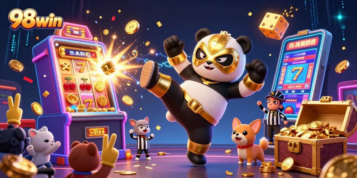 Experience thrilling wins with 98win as a panda wrestler kicks into action next to a jackpot.