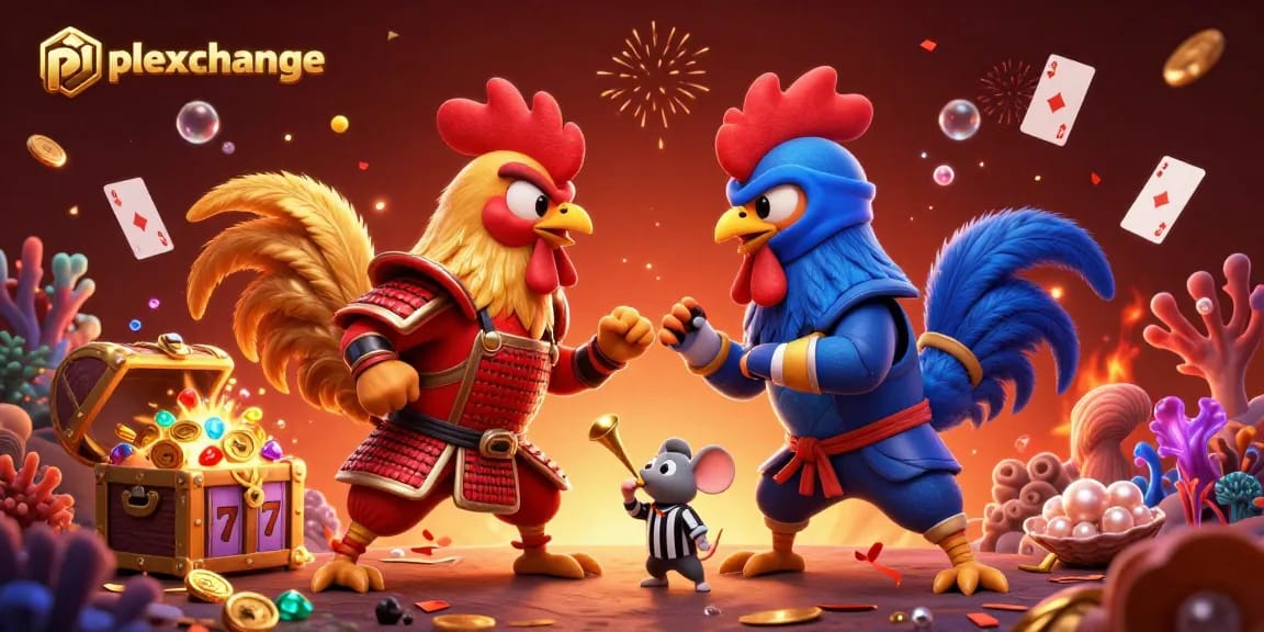 Engage in thrilling action at playexchange with cartoon roosters, lucky slots, and vibrant gems.