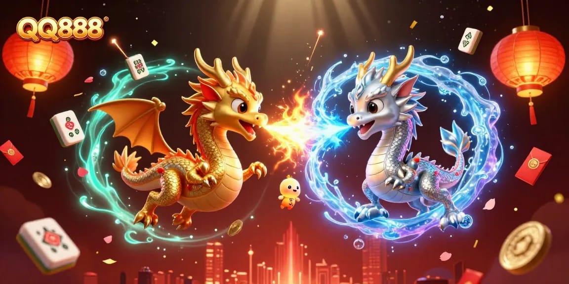 Engage with QQ888's thrilling dragon-themed gaming experience featuring gold and silver dragons amidst vibrant casino elements.