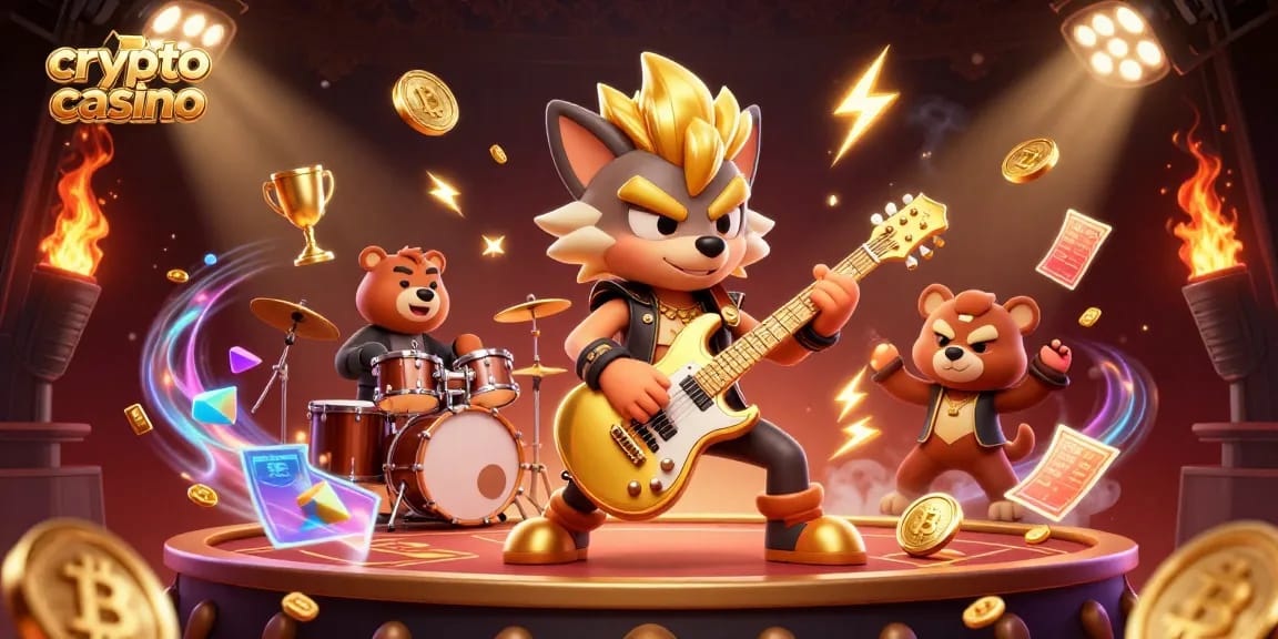 Engage with the vibrant cryptocurrency casino scene featuring a rock star wolf and wild drummer bear.