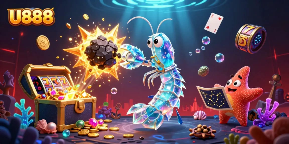 Experience U888's vibrant casino thrills with cartoon characters amidst gems, reels, and treasure.