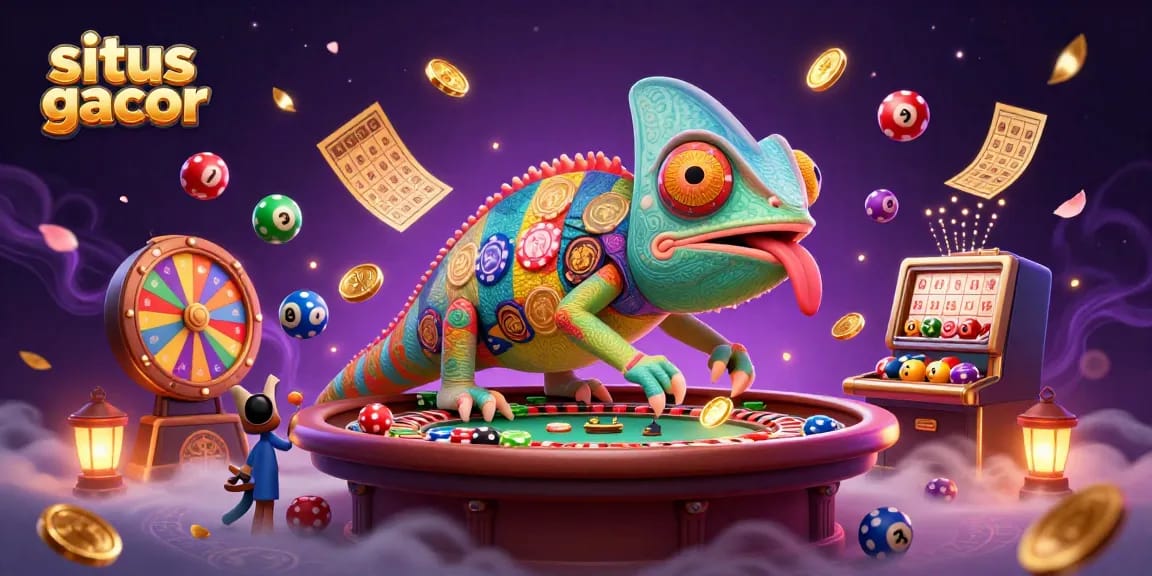 Engage players with situs gacor, featuring a chameleon casino owner amid vibrant lottery balls and golden prizes.