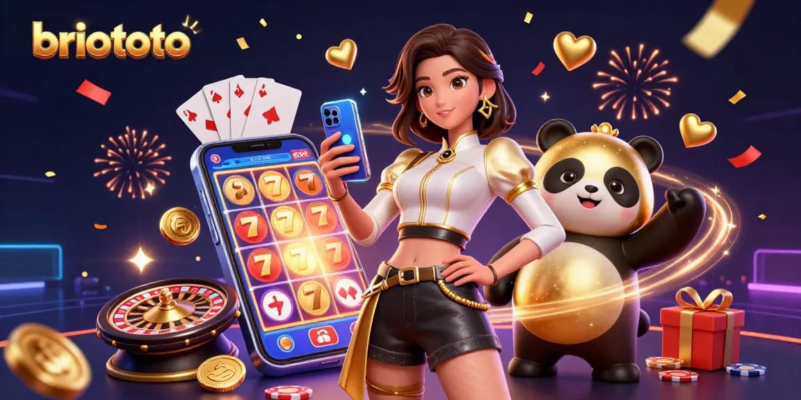 Briototo features a dynamic 3D illustration of an Asian woman interacting with a casino game on her smartphone alongside a playful panda mascot.