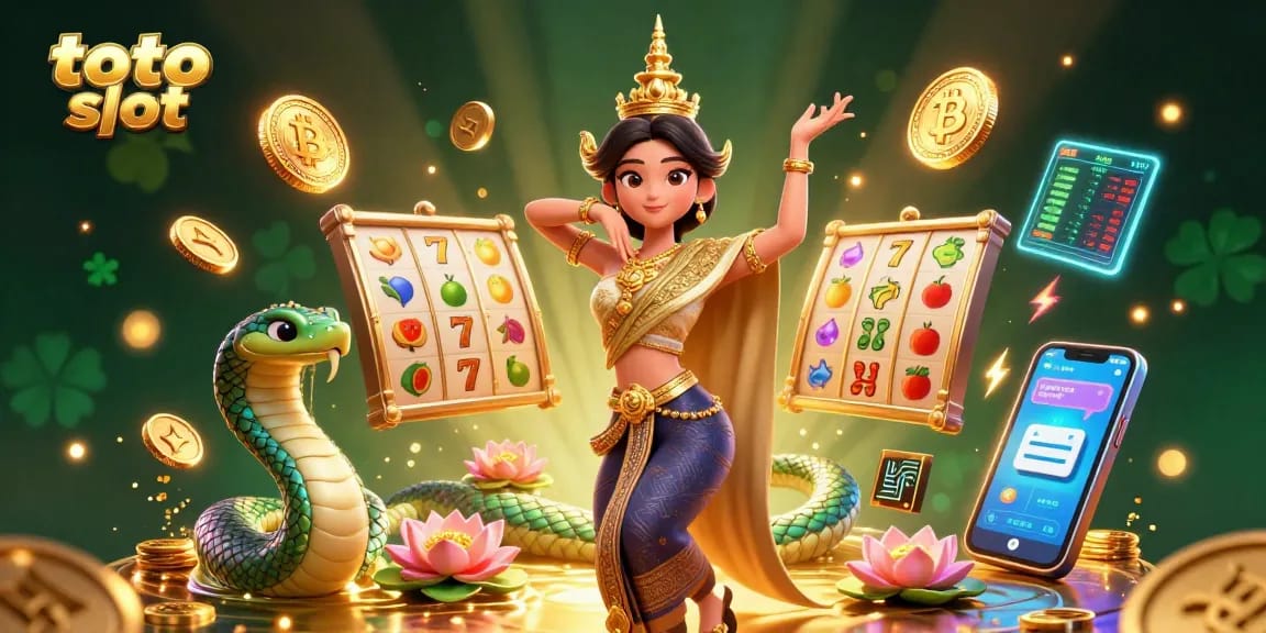 Toto slot themed illustration showcasing a graceful dancer with a Naga serpent, adorned with slot reels and crypto elements.