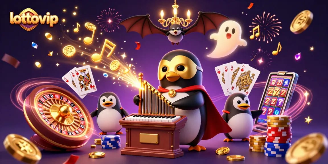 Memainkan lottovip dengan 3D penguin opera fantasi yang memancarkan koin emas dan catatan musikal.