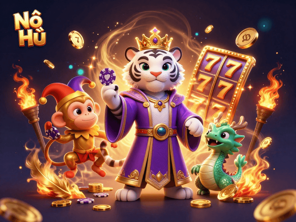 Nổ Hũ slots adventure with a cartoon tiger, monkey, and jade dragon creating excitement.