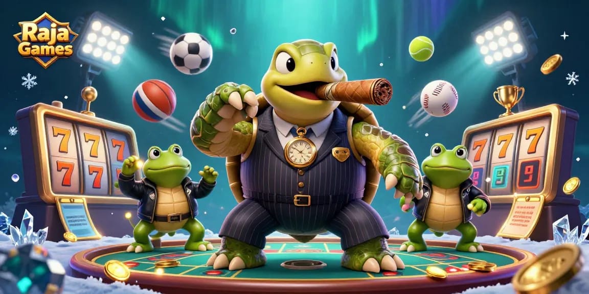 Engaging Raja Games illustration with characters in a vibrant casino setting, showcasing exciting gameplay.