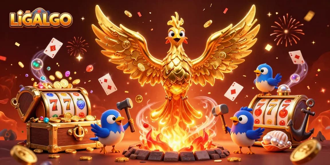LIGALGO showcases an exciting golden phoenix emitting coins amidst slot reels and festive effects.