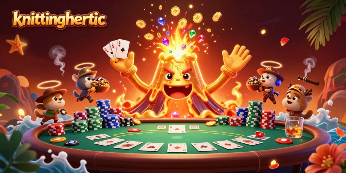 Experience winning at knittingheretic's vibrant casino adventure with golden volcano treasures and poker excitement.
