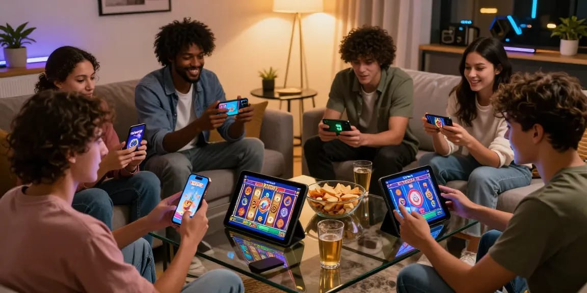 Friends enjoying the Winli Slots game experience in a cozy living room with advanced gadgets and snacks.