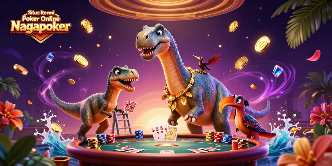 Situs Resmi Poker Online Nagapoker showcases a whimsical scene of a dinosaur and raptor dealing cards at a lively poker table.