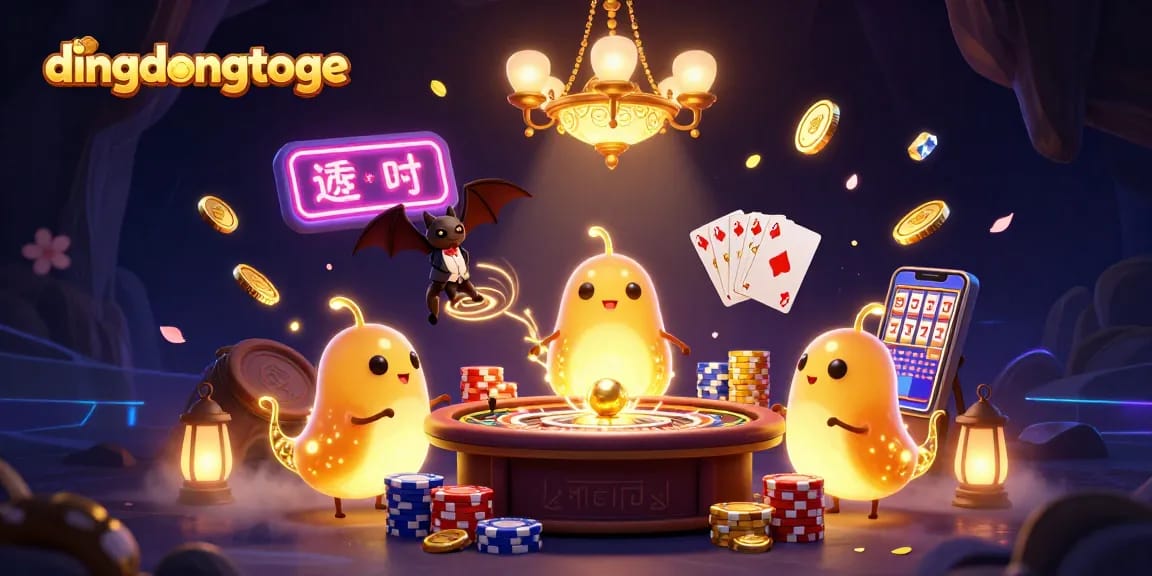 Dingdongtoge illuminates the cave casino with bioluminescent characters amid cascading gold and gems.