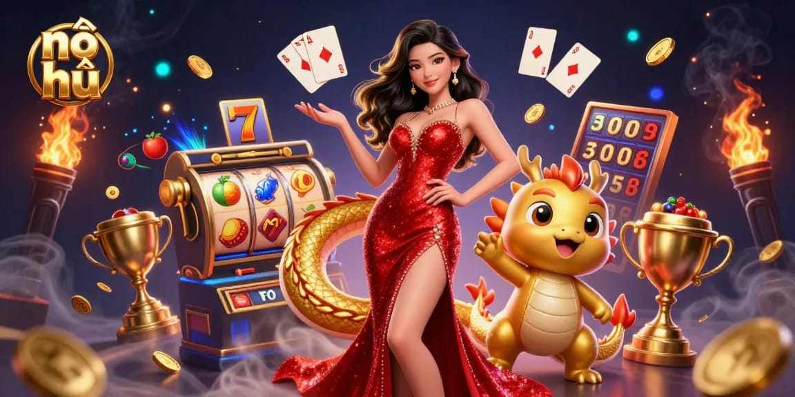 Win big with nổ hũ in a dazzling casino scene featuring exciting slot elements and beautiful characters.