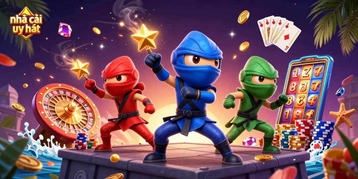 Win big with nhà cái uy tín in this vibrant 3D casino scene featuring ninjas and gaming elements.