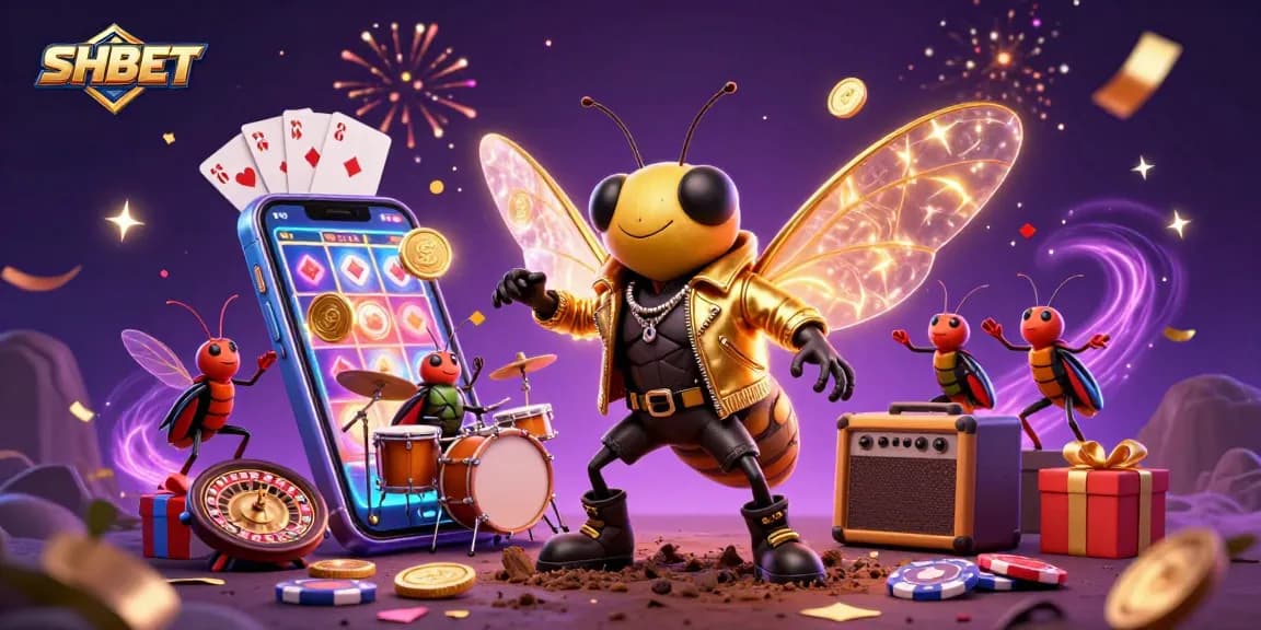 Experience thrills with SHBET's vibrant casino scene, showcasing a rock star cicada and dynamic gaming elements.