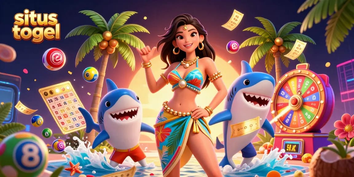 Engage with situs togel as vibrant colored lottery balls, surprise prizes, and a beach-themed scene come alive.
