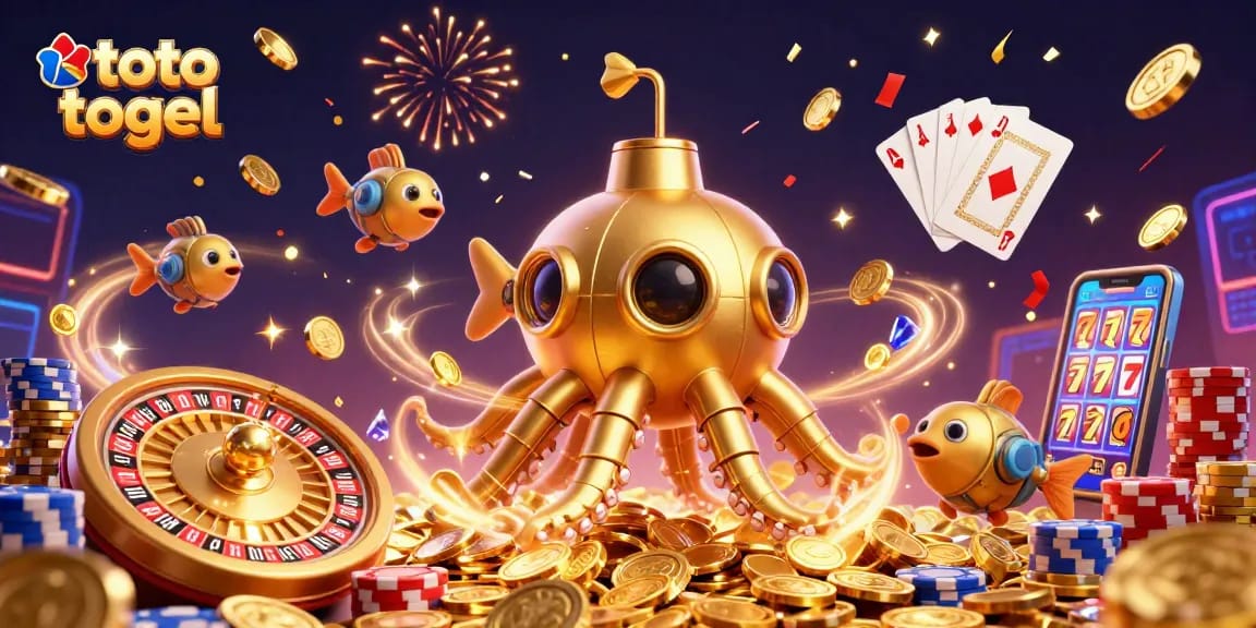 Engage in thrilling toto togel gameplay with vibrant 3D illustration showcasing a festive casino atmosphere.