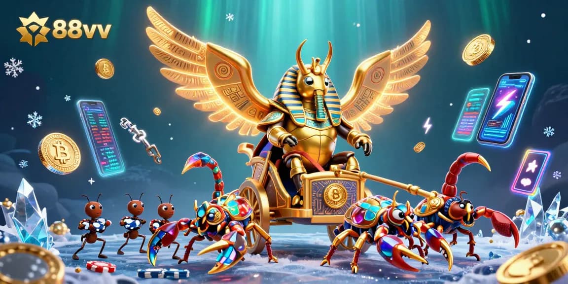 Experience thrilling action with 88vv, featuring golden characters and cryptocurrency elements in a dynamic casino setting.