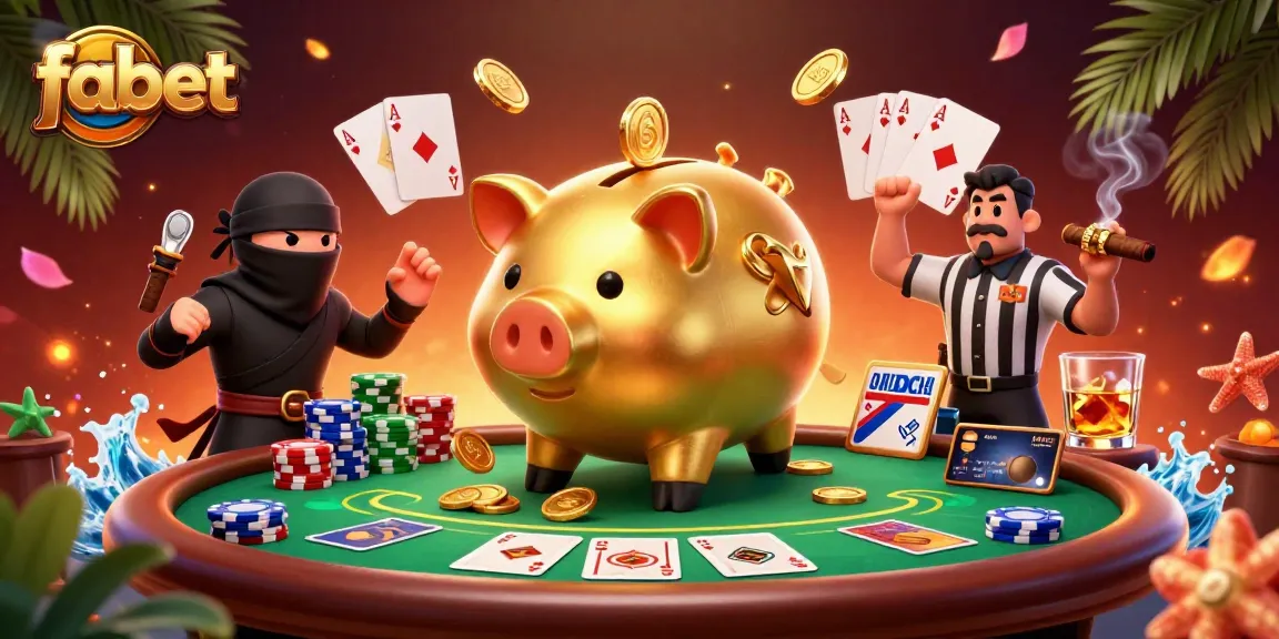Vivid illustration of fabet's cartoon casino elements with golden sumo piggy bank and action-packed games.