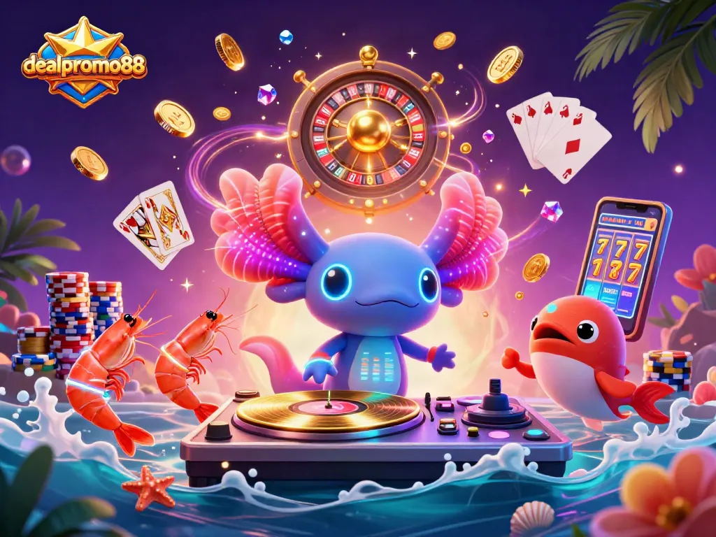 Engage with dealpromo88 through a vibrant casino-themed party scene featuring lively characters and dynamic gaming elements.