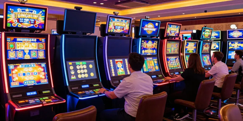 Engaged players trying ทดลองสล็อต at a vibrant casino with colorful slot machines and lively atmosphere.