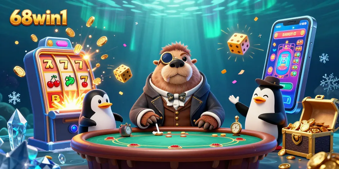 Explore the exciting underwater scene with 68win1's jolly walrus playing poker at a dazzling casino table.