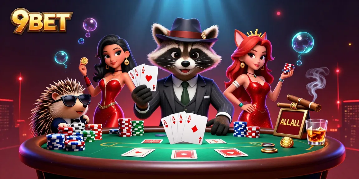 Experience thrilling poker action with 9BET featuring a raccoon, fox, and bouncer in 3D illustration.