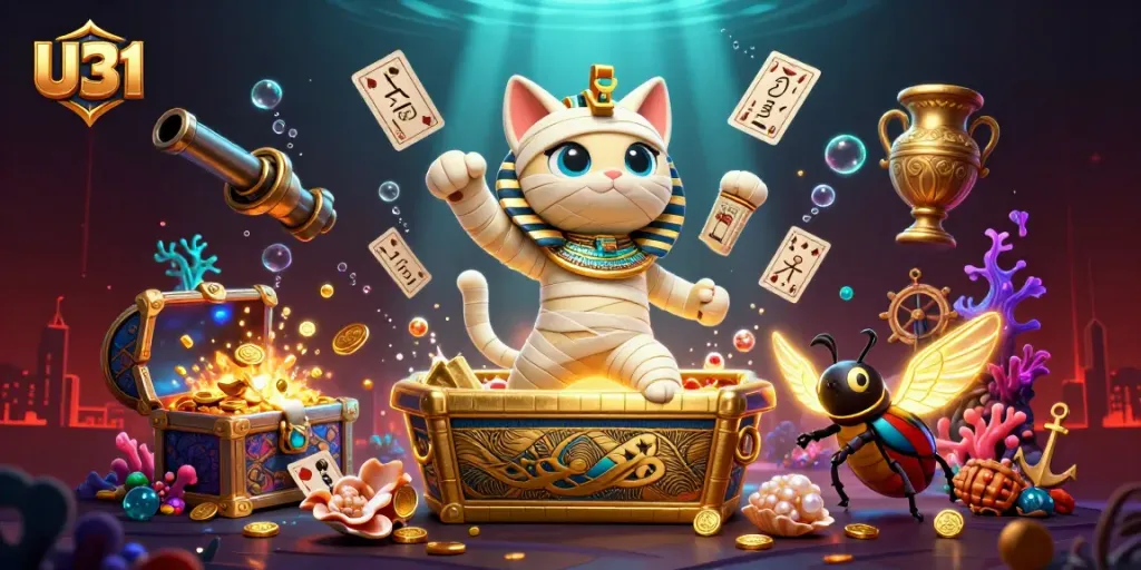 Experience the thrill of U31 gaming with captivating characters and glowing visuals in this energetic casino illustration.