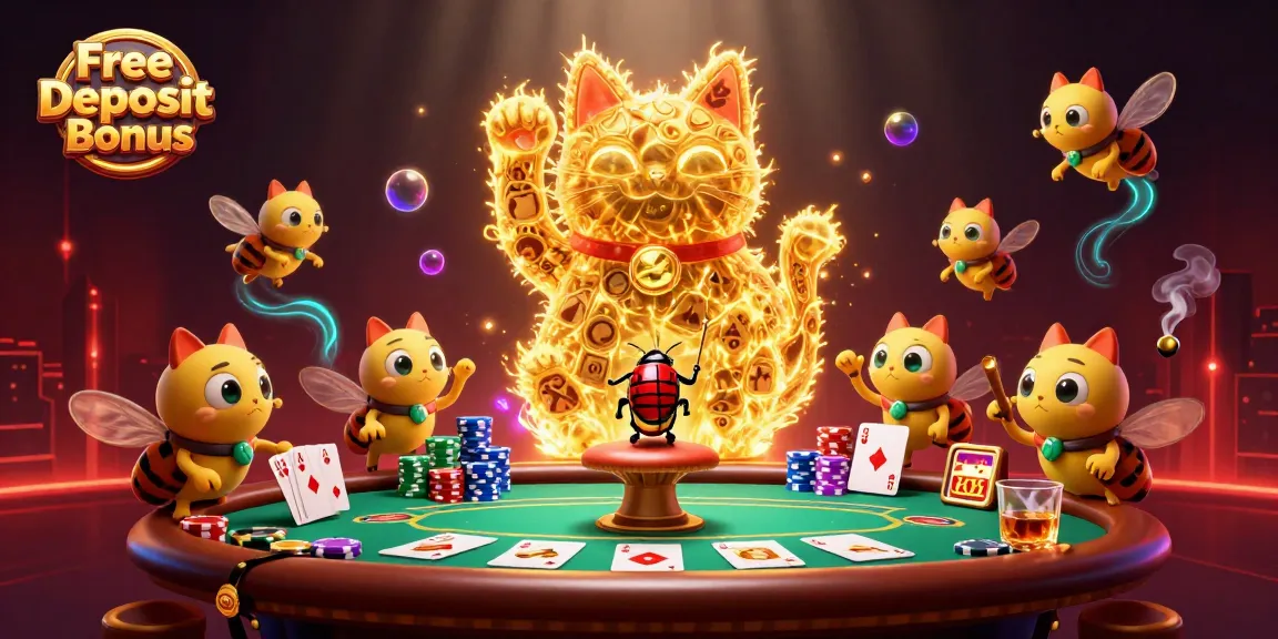 Experience the thrill of Free No Deposit Bonus with a vibrant casino scene featuring lucky symbols and animated characters.