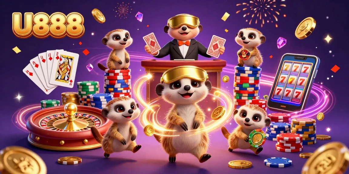 U888 casino meerkats managing a lively betting operation filled with golden coins and lights