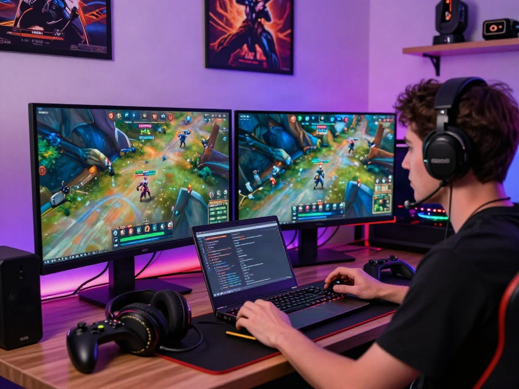 Engaged gamer at high-performance setup with vibrant lights, representing bro138's gaming experience.