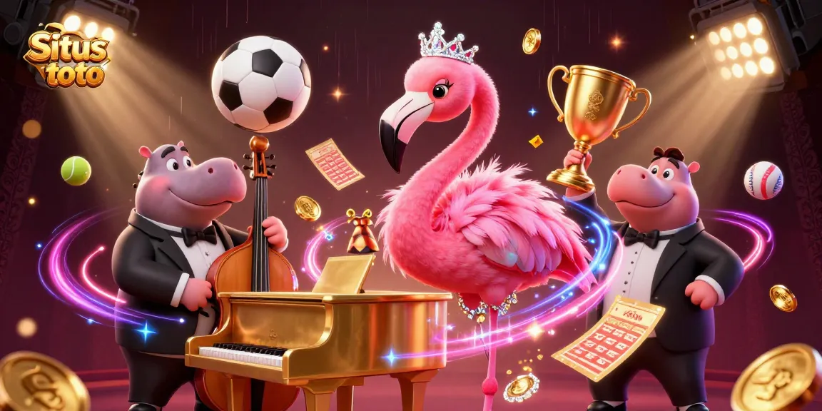 Situs toto showcases a vibrant 3D casino scene with animated flamingos and hippos engaging in sports betting activities.