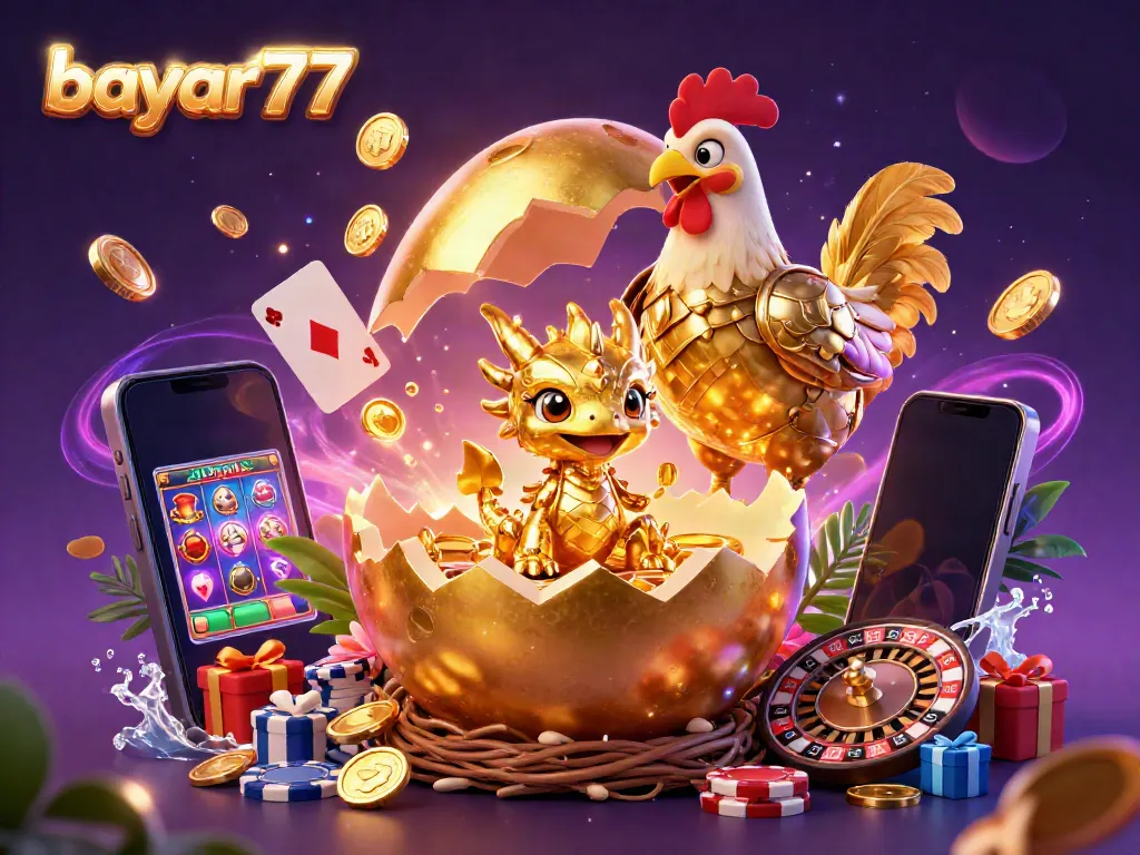 Engage with bayar77, showcasing a golden dragon and poker chips amid slot games and exciting casino elements.