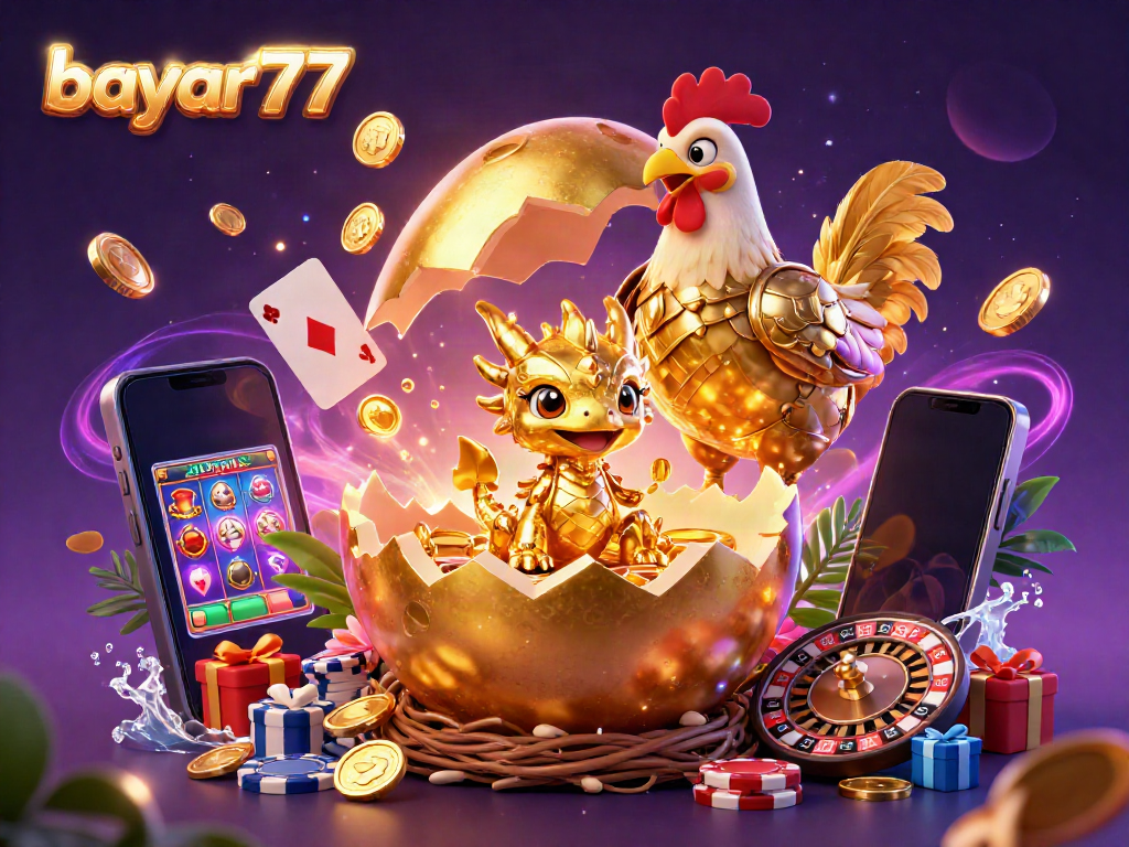 Engage with bayar77, showcasing a golden dragon and poker chips amid slot games and exciting casino elements.