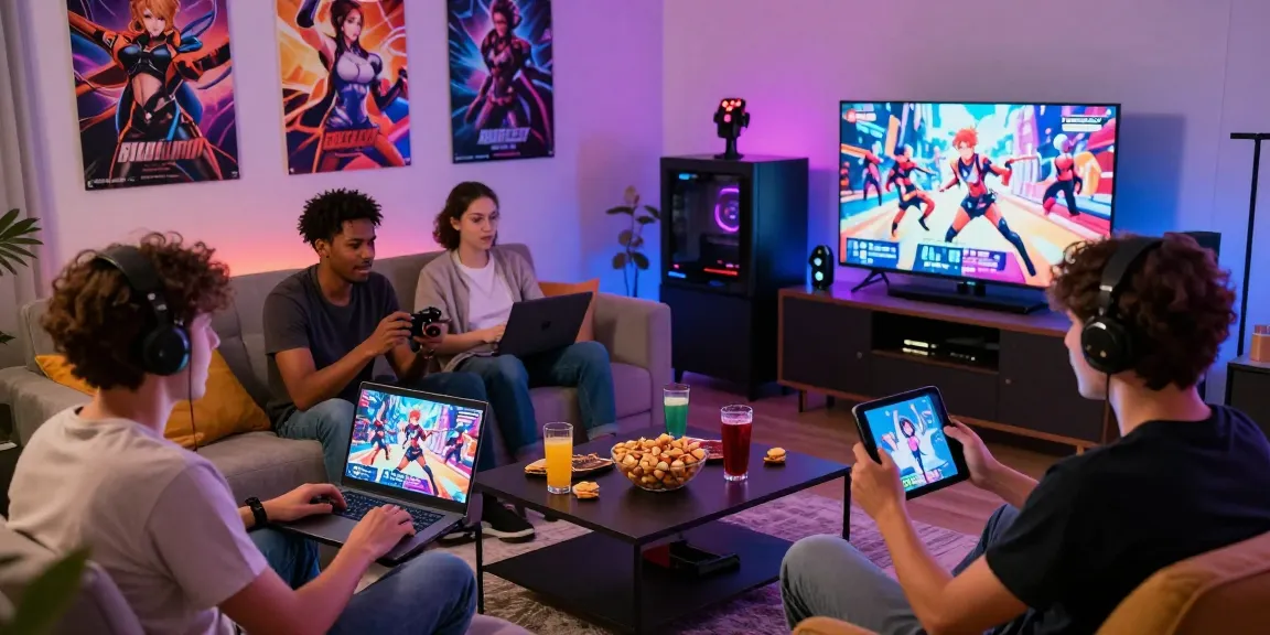 Players excitedly engaged in hentai games on multiple devices in a vibrant living room.