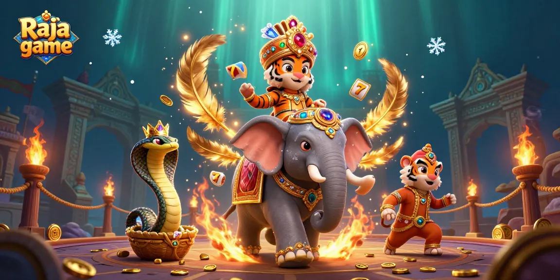 Experience the thrill of Raja game with an elephant, maharaja, and cobra in a vibrant casino scene.