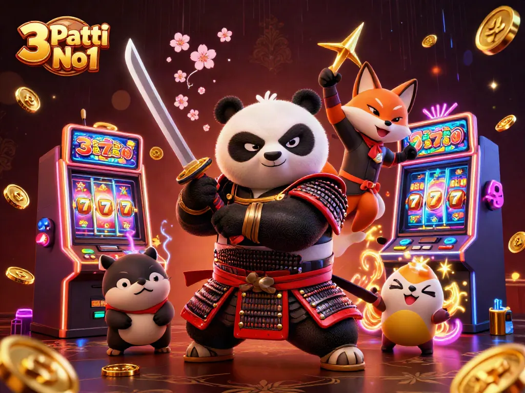 Engage with 3 Patti No1 in a dynamic and colorful 3D gaming scene filled with vibrant slot machines and action.