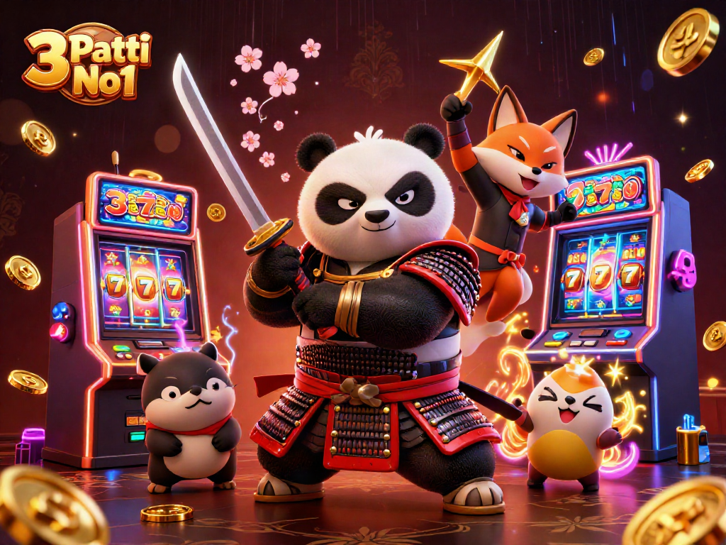 Engage with 3 Patti No1 in a dynamic and colorful 3D gaming scene filled with vibrant slot machines and action.