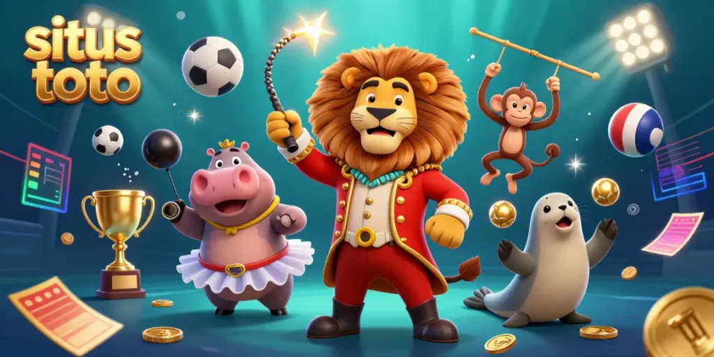Experience winning with situs toto in this energetic casino-themed 3D illustration showcasing vibrant colorful characters and sports elements.