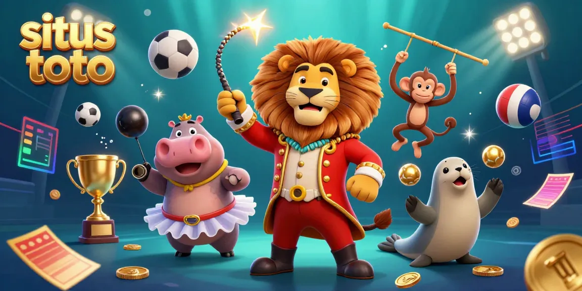 Experience winning with situs toto in this energetic casino-themed 3D illustration showcasing vibrant colorful characters and sports elements.
