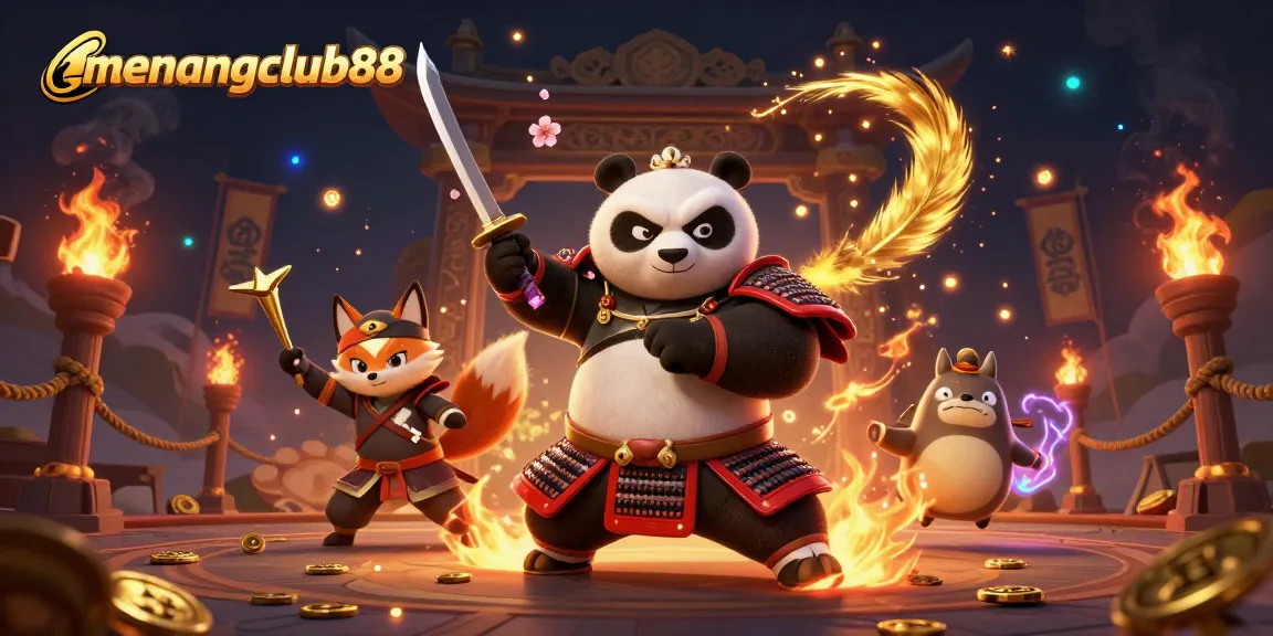 Experience thrilling gameplay at menangclub88 with an engaging 3D illustration showcasing an action-packed online casino scene.
